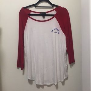 Red and white baseball shirt California